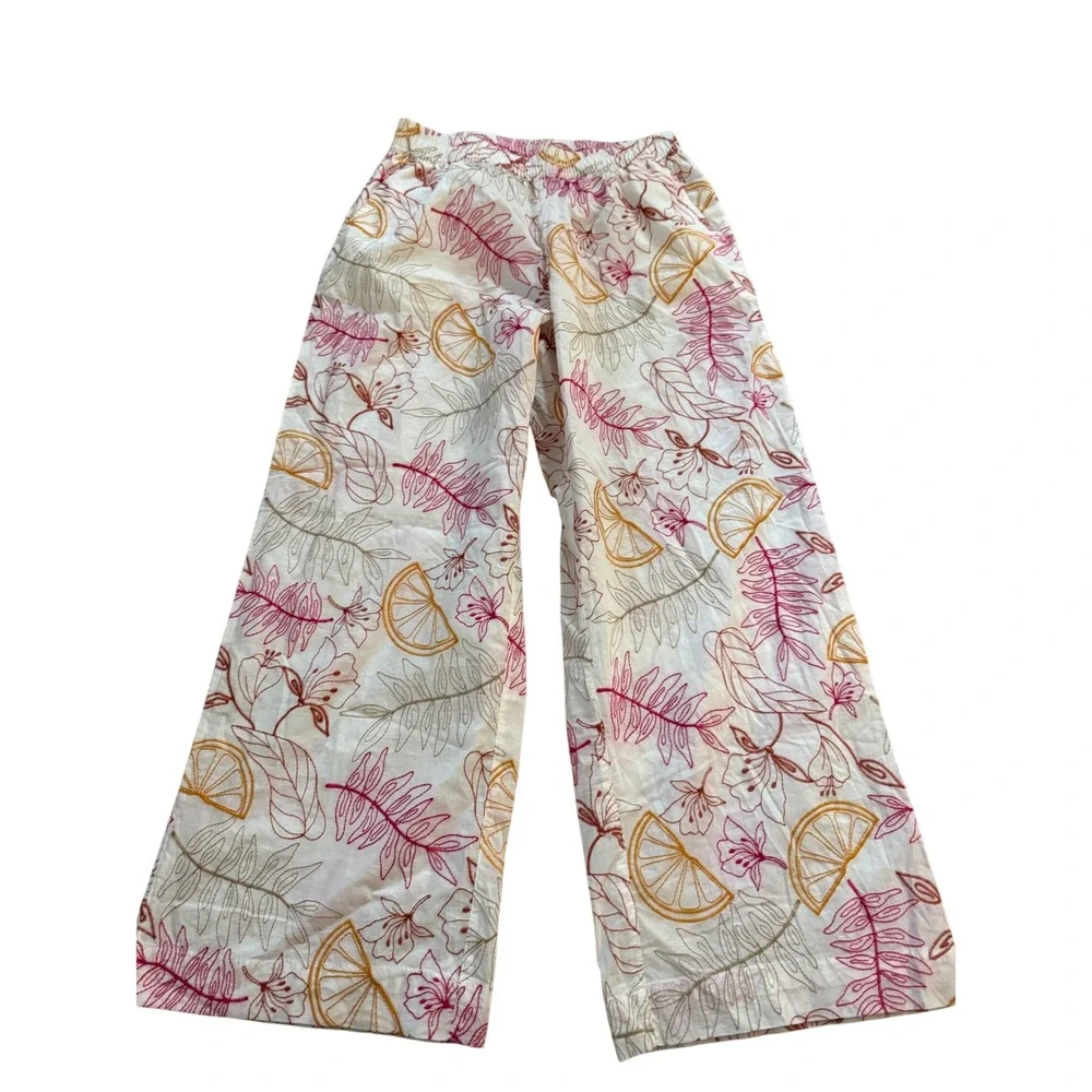 J. Crew Citrus Embroidered Cotton Wide Leg Pants White Orange Pink AW32876